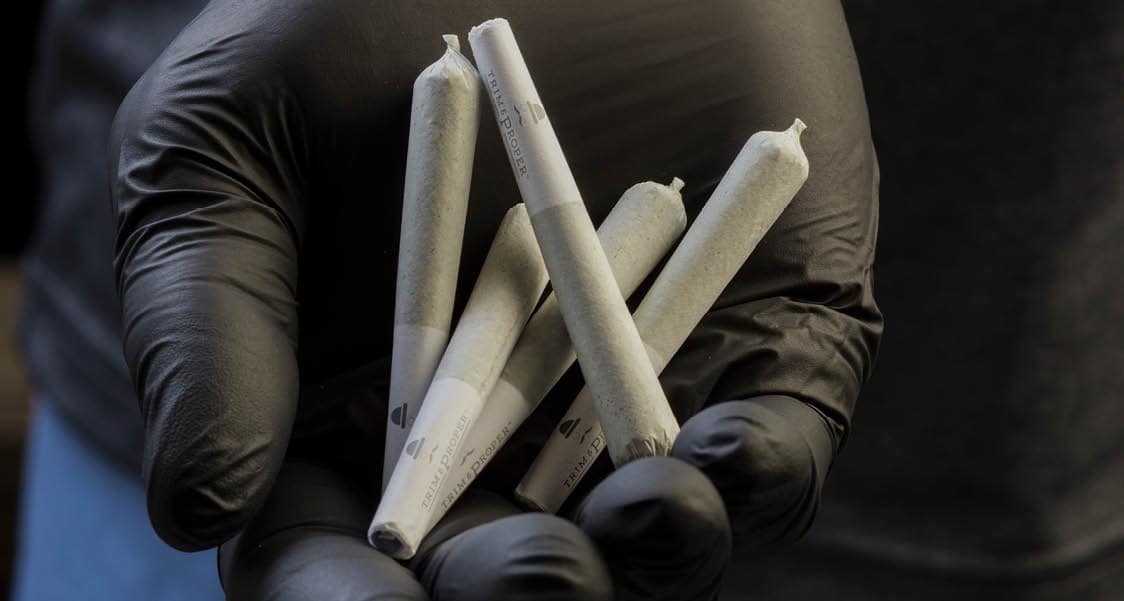 a black gloved hand holding several joints