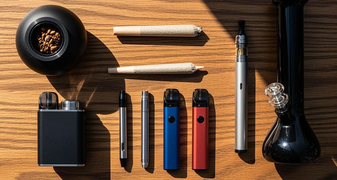 cannabis accessories lined up on table including dry herb vapes, bong, dab pens, and pre rolls