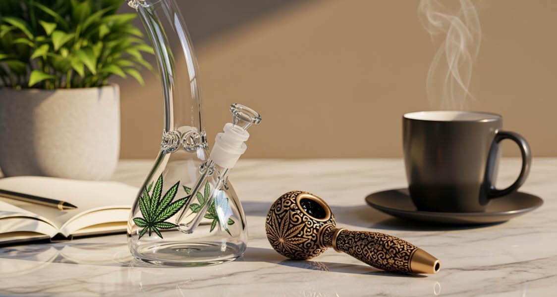 a bong and pipe on a table with a steaming cup of tea in the background