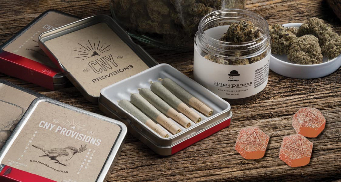 rolled joints and cannabis edibles on display